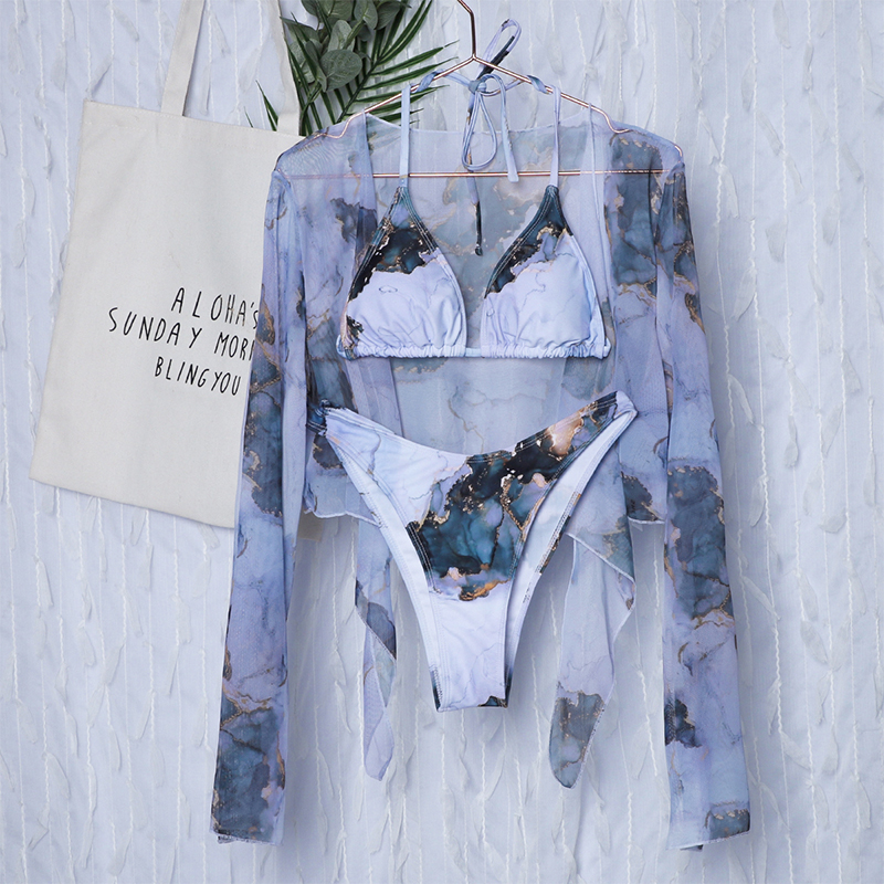 Conjunto de bikini sexy con estampado de mármol, traje de baño de 3 piezas, traje de baño de malla de manga larga, traje de baño de corte alto para mujer, micro bikini con cuello halter, ropa de playa 