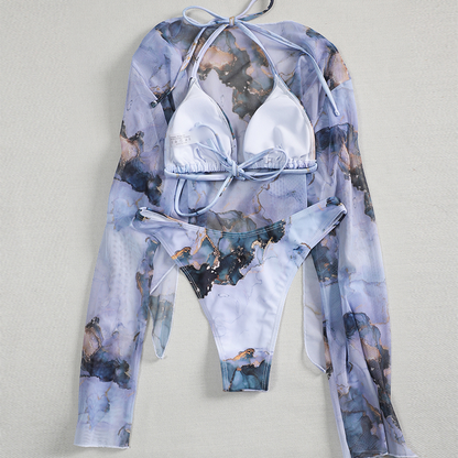 Conjunto de bikini sexy con estampado de mármol, traje de baño de 3 piezas, traje de baño de malla de manga larga, traje de baño de corte alto para mujer, micro bikini con cuello halter, ropa de playa 