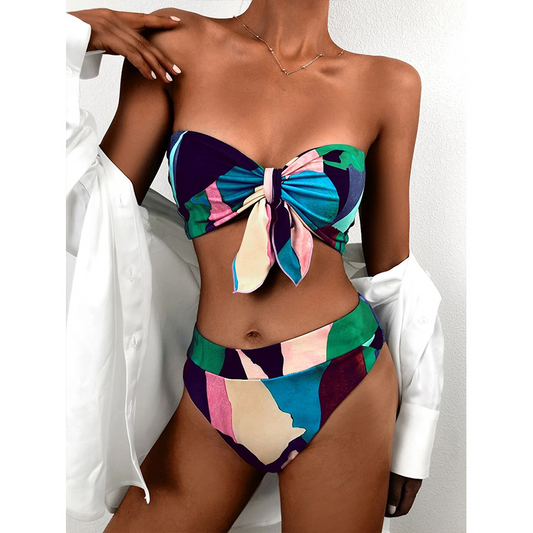 Traje de baño de cintura alta con estampado de bikini para mujer, conjunto de 2 piezas con nudo, traje de baño con bloques de color, traje de baño con hombros descubiertos para mujer, estilo vintage 