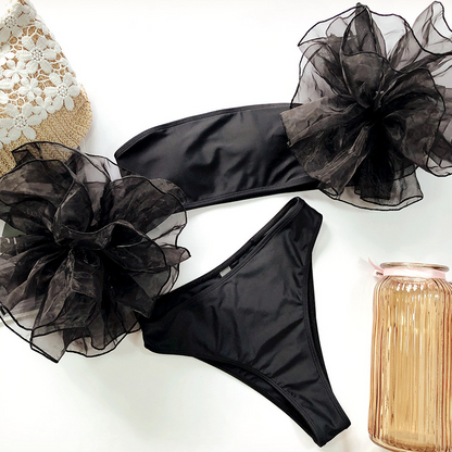Conjunto de bikini de cintura alta, top bandeau, traje de baño de malla con mangas con volantes, traje de baño sexy de verano para mujer, bañadores para mujer 