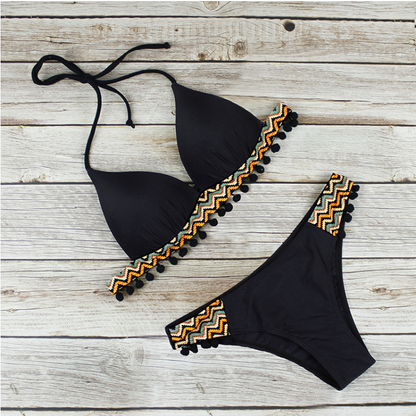 Traje de baño sexy con borlas y retazos, bikini de triángulo con cuello halter, traje de baño de cintura baja para mujer, traje de baño negro, bikini de natación 