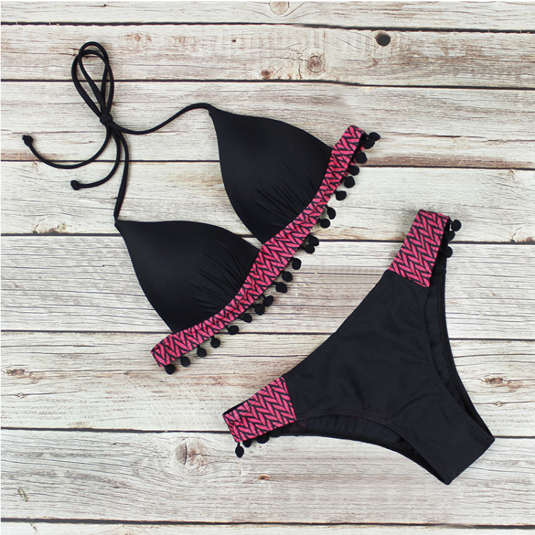 Traje de baño sexy con borlas y retazos, bikini de triángulo con cuello halter, traje de baño de cintura baja para mujer, traje de baño negro, bikini de natación 