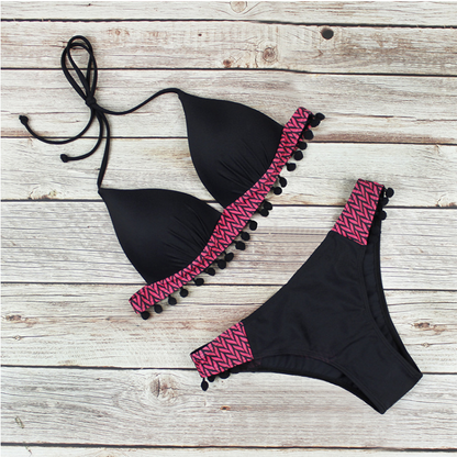 Traje de baño sexy con borlas y retazos, bikini de triángulo con cuello halter, traje de baño de cintura baja para mujer, traje de baño negro, bikini de natación 
