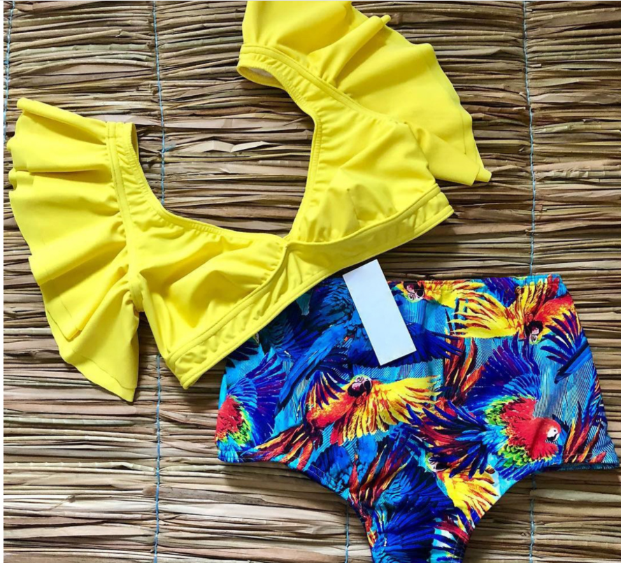 Traje de baño de cintura alta con estampado floral vintage, bikini sexy con volantes y escote en V profundo.