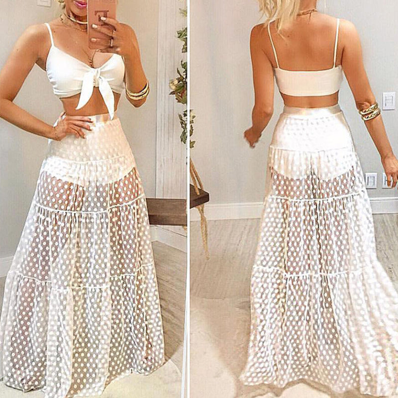 Jupe de plage Polka dot transparente taille haute pour femme, maillot de bain bikini sexy, paréo élégant