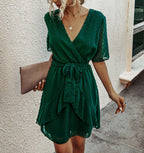 Women Polka Dot V-neck High Waist Dress Waist Trimming Ruffles Lace-up Dress XYFSFSS