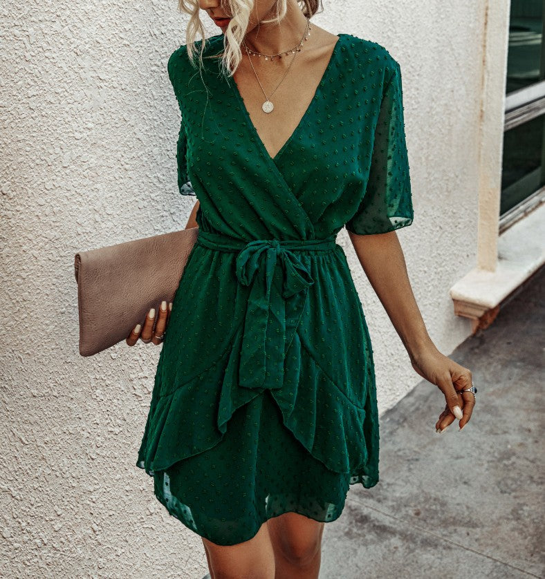 Women Polka Dot V-neck High Waist Dress Waist Trimming Ruffles Lace-up Dress XYFSFSS