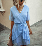 Women Polka Dot V-neck High Waist Dress Waist Trimming Ruffles Lace-up Dress XYFSFSS