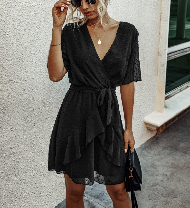 Women Polka Dot V-neck High Waist Dress Waist Trimming Ruffles Lace-up Dress XYFSFSS