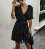Women Polka Dot V-neck High Waist Dress Waist Trimming Ruffles Lace-up Dress XYFSFSS