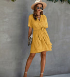 Women Polka Dot V-neck High Waist Dress Waist Trimming Ruffles Lace-up Dress XYFSFSS