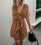 Women Polka Dot V-neck High Waist Dress Waist Trimming Ruffles Lace-up Dress XYFSFSS