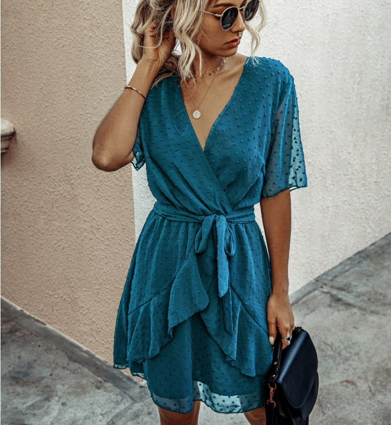 Women Polka Dot V-neck High Waist Dress Waist Trimming Ruffles Lace-up Dress XYFSFSS