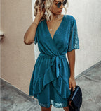 Women Polka Dot V-neck High Waist Dress Waist Trimming Ruffles Lace-up Dress XYFSFSS