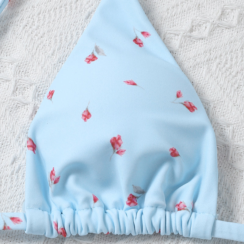 Traje de baño de 3 piezas de malla, conjunto de bikini con estampado floral, traje de baño de triángulo para mujer, traje de baño de tiras para mujer 