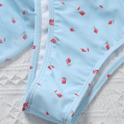 Traje de baño de 3 piezas de malla, conjunto de bikini con estampado floral, traje de baño de triángulo para mujer, traje de baño de tiras para mujer 