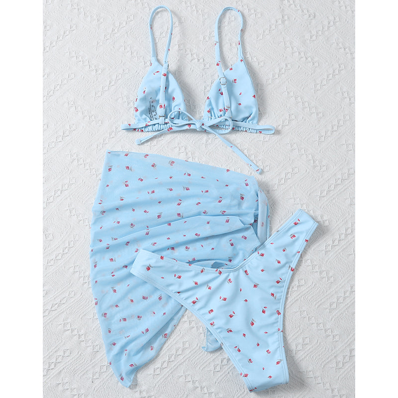 Traje de baño de 3 piezas de malla, conjunto de bikini con estampado floral, traje de baño de triángulo para mujer, traje de baño de tiras para mujer 