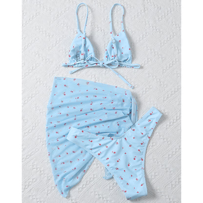 Traje de baño de 3 piezas de malla, conjunto de bikini con estampado floral, traje de baño de triángulo para mujer, traje de baño de tiras para mujer 