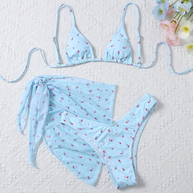 Traje de baño de 3 piezas de malla, conjunto de bikini con estampado floral, traje de baño de triángulo para mujer, traje de baño de tiras para mujer 
