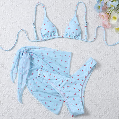 Traje de baño de 3 piezas de malla, conjunto de bikini con estampado floral, traje de baño de triángulo para mujer, traje de baño de tiras para mujer 