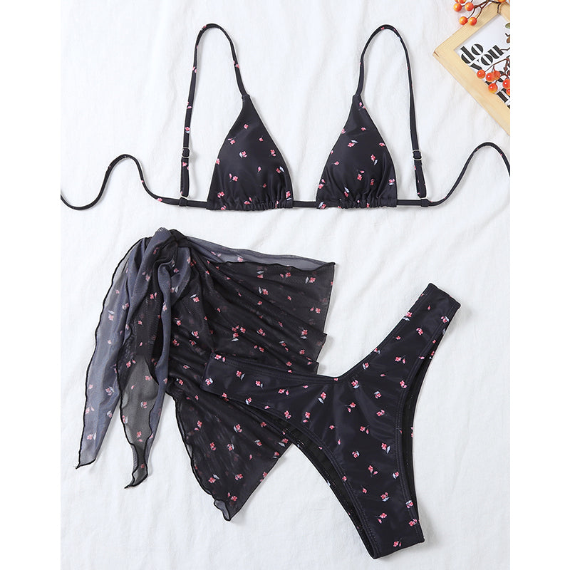 Traje de baño de 3 piezas de malla, conjunto de bikini con estampado floral, traje de baño de triángulo para mujer, traje de baño de tiras para mujer 