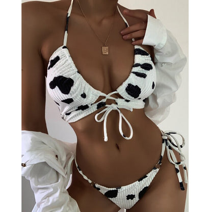 Bikinis con estampado de vaca para mujer, traje de baño de terciopelo acanalado, traje de baño sexy con cuello halter, traje de baño con cordones para mujer, bañistas 