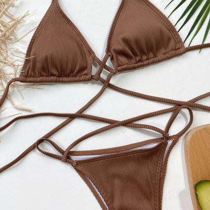 Traje de baño exterior individual dividido para mujer, traje de baño de color sólido con cordones, bikini sexy