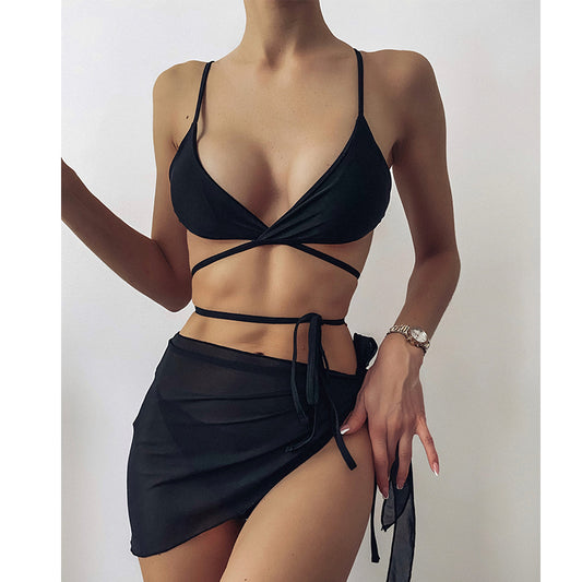 Sexy solid triangle bikini set 3 pieces mesh skirt swimsuit women String lace up swimming suit High cut swimwear Women