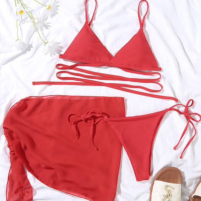 Conjunto de bikini de triángulo sólido sexy de 3 piezas, traje de baño con falda de malla para mujer, traje de baño con cordones y corte alto para mujer 