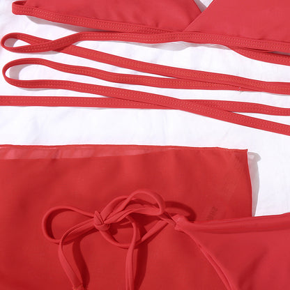 Conjunto de bikini de triángulo sólido sexy de 3 piezas, traje de baño con falda de malla para mujer, traje de baño con cordones y corte alto para mujer 