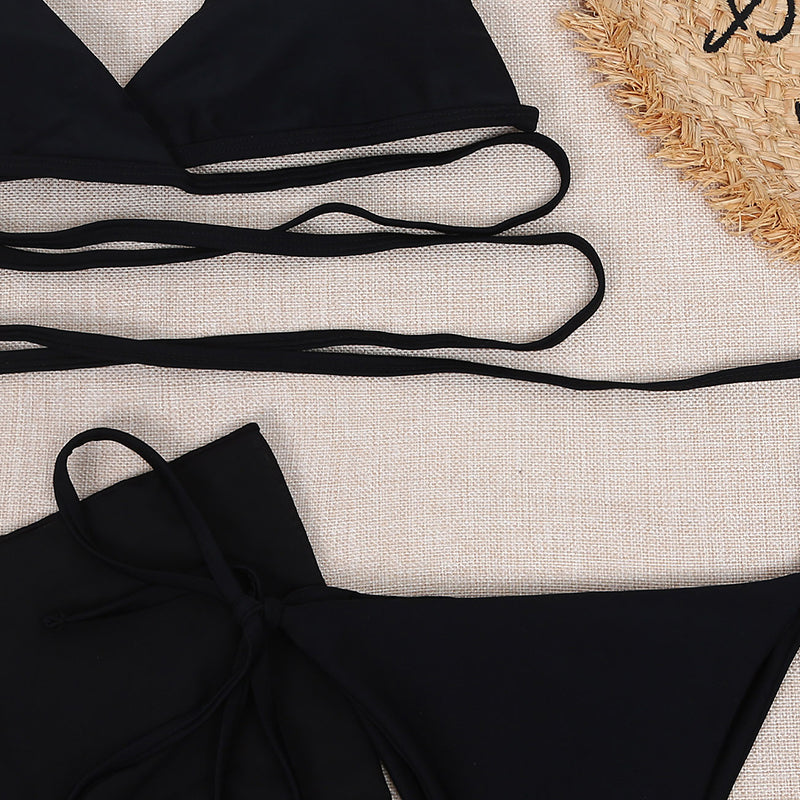 Conjunto de bikini de triángulo sólido sexy de 3 piezas, traje de baño con falda de malla para mujer, traje de baño con cordones y corte alto para mujer 