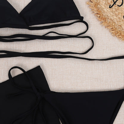Conjunto de bikini de triángulo sólido sexy de 3 piezas, traje de baño con falda de malla para mujer, traje de baño con cordones y corte alto para mujer 