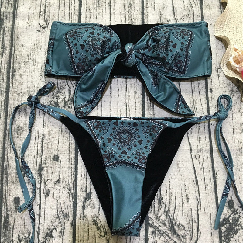 Maillot de bain noué devant imprimé rétro pour femme