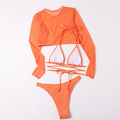 Sexy triangle micro bikini set 3-piece long sleeve swimsuit women High cut swimwear String swimming suit Solid bathing suit