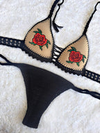 Bikini Crochet Embroidery Rose Women Swimsuit High Elastic Embroidered Split Swimsuit Bikini ZHIAN