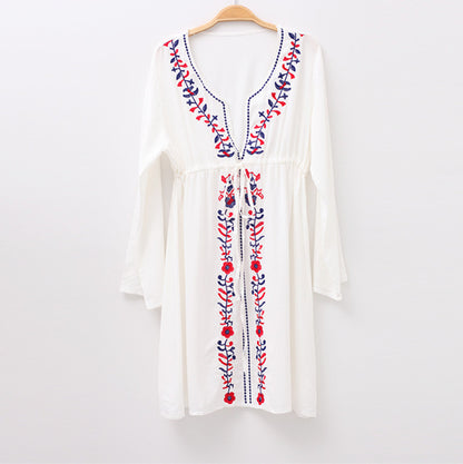 Vestido playero bordado sexy con escote en V profundo para vacaciones, protección solar, para bikini