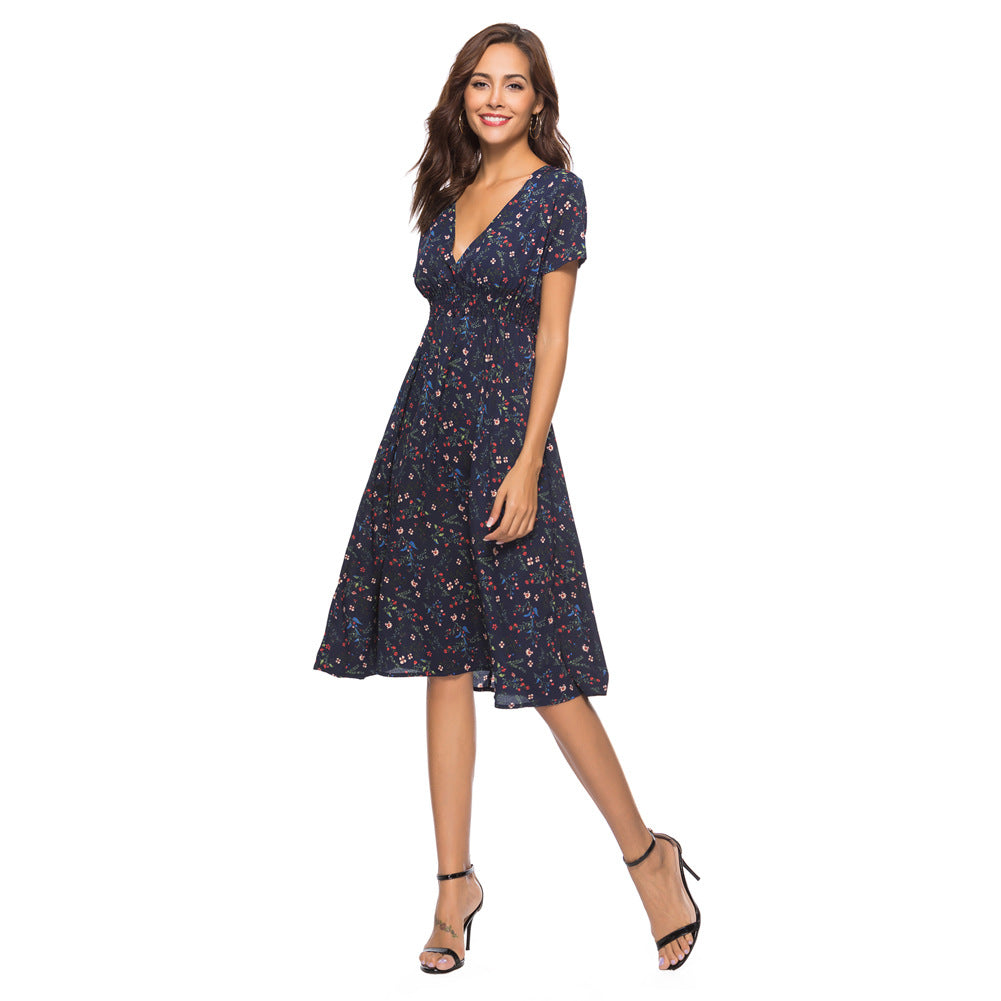 Spring Summer Chiffon Beach Dress Printed V neck Short Sleeve Dress Bohemian Dress Swintager