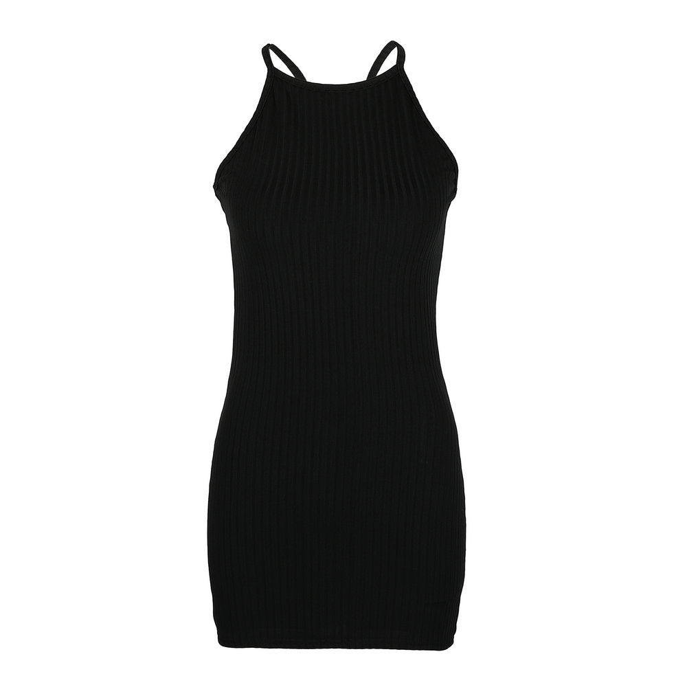 Spring Summer Sexy Rib Small Sling Dress Solid Color Knitted Slimming Commuting JSLX