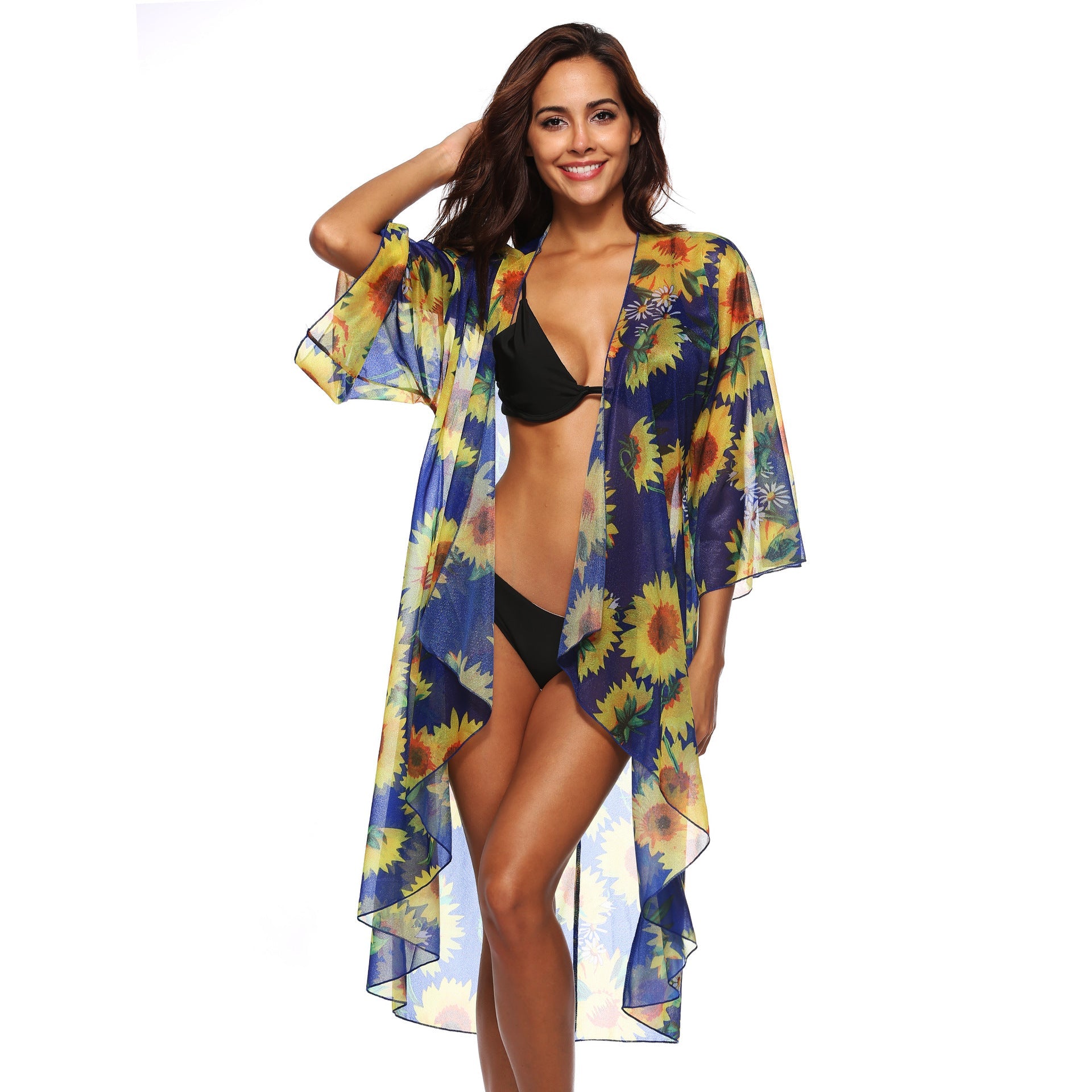 Sunflower Printed Cardigan 3/4 Sleeve Irregular Asymmetric Sexy Loose Sun Protection Dress Coat Oyimi