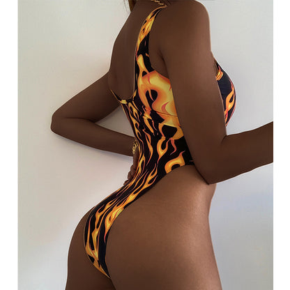 Fire Print Retro Sexy Swimsuit Women High Cut Bodysuit One-Piece Suit Women One Piece Swimsuit Push Up Swimwear