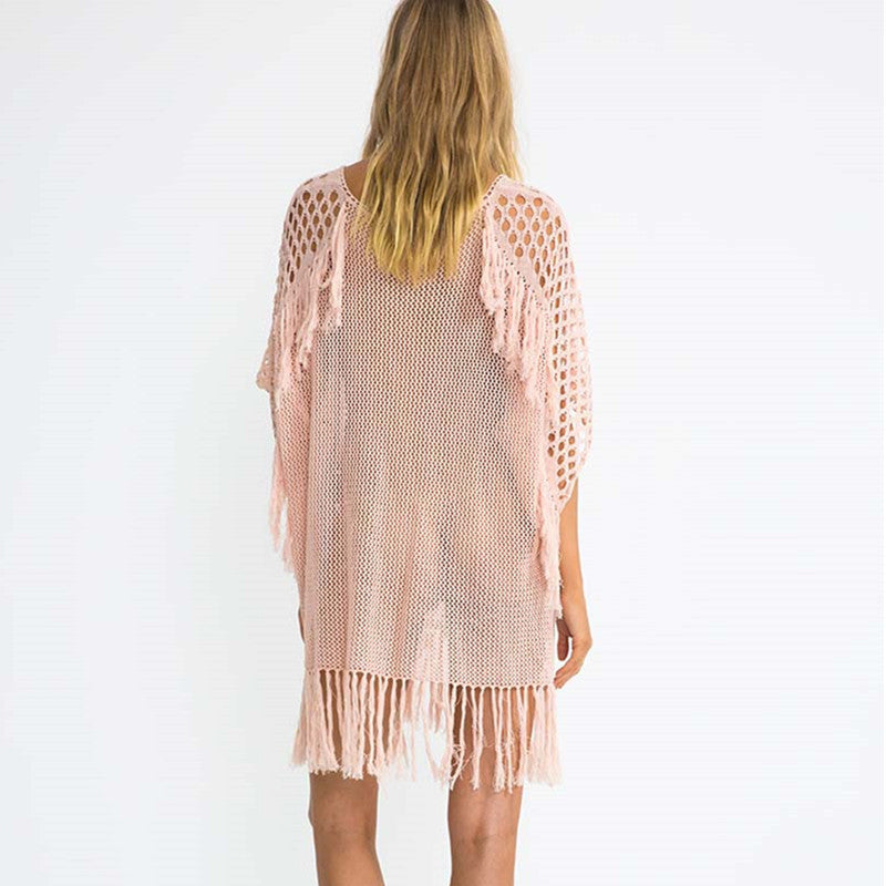Blusa de playa de punto con borlas, sexy, para vacaciones, con protección solar
