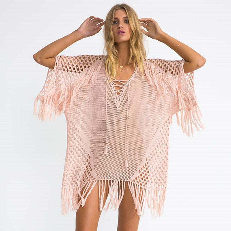 Blusa de playa de punto con borlas, sexy, para vacaciones, con protección solar