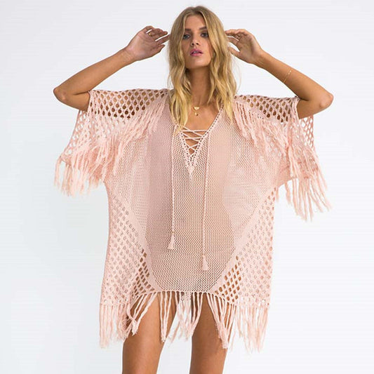 Blusa de playa de punto con borlas, sexy, para vacaciones, con protección solar