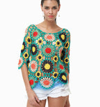 Chemisier de plage à manches longues en crochet fait main, motif floral ajouré