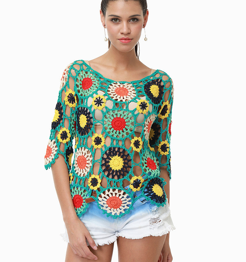Chemisier de plage à manches longues en crochet fait main, motif floral ajouré