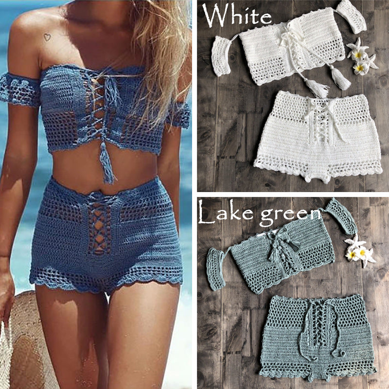 Sexy Strap Hand Crocheting Woven Hollowed Bikini Split Swimsuit Zunee