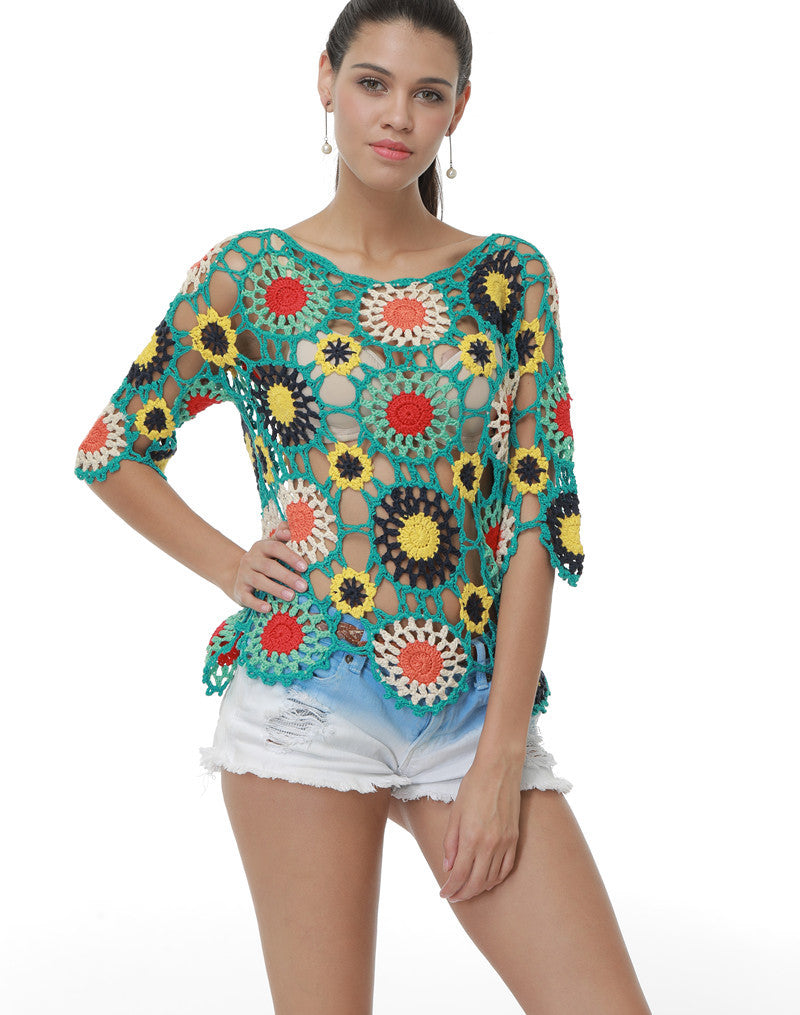 Chemisier de plage à manches longues en crochet fait main, motif floral ajouré