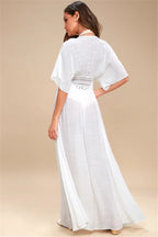 Slubbed Fabric Stitching Lace Beach Cover up Sexy Cardigan Vacation Sun Protection Shirt Bikini Cover FlowWhite