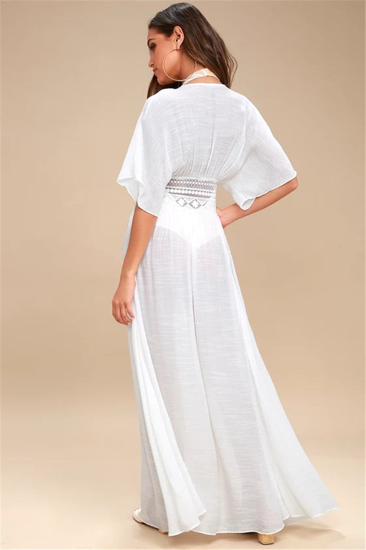 Slubbed Fabric Stitching Lace Beach Cover up Sexy Cardigan Vacation Sun Protection Shirt Bikini Cover FlowWhite