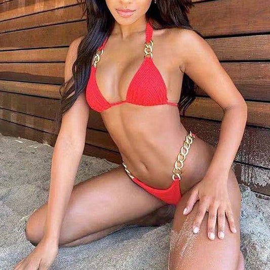 Halter Retro Bikinis triángulo traje De baño Mujer cadena De diamantes Trajes De baño Conjunto Biquinis Feminino Trajes De BañO Mujer